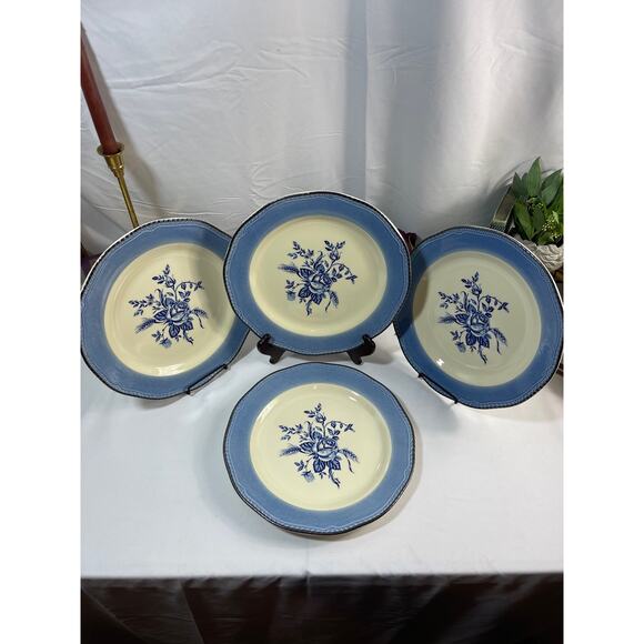 Set of 4 Vintage Wood and Sons Colonial Rose Blue Dinner Plates, 10 3/4"-England - Picture 1 of 8